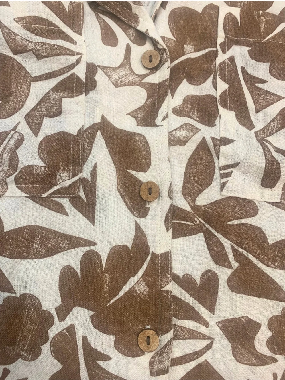 Carve Designs Cream Brown Floral Print Linen Shirt Sleeves Beach Getaway Resort